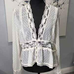 Kimchi Blue Sheer Lace Polka Dot Button Robe White V Neck Long Sleeve XL